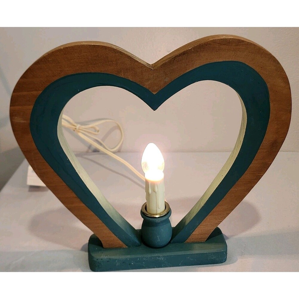 Vintage Wooden Heart Cottagecore 10" Brown and Green Lamp